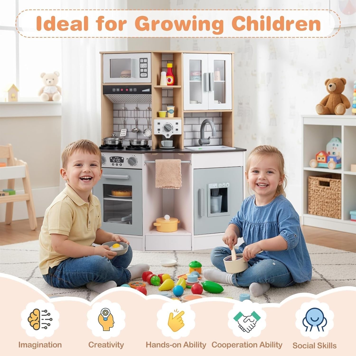 Wooden Kids Play Kitchen Lights Sounds Coffee Maker Grey Toy