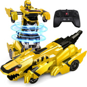 Yellow Transforming Dinosaur RC Car Robot 360° Spin LED Remote Kids Toy