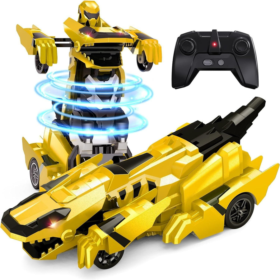 Yellow Transforming Dinosaur RC Car Robot 360° Spin LED Remote Kids Toy