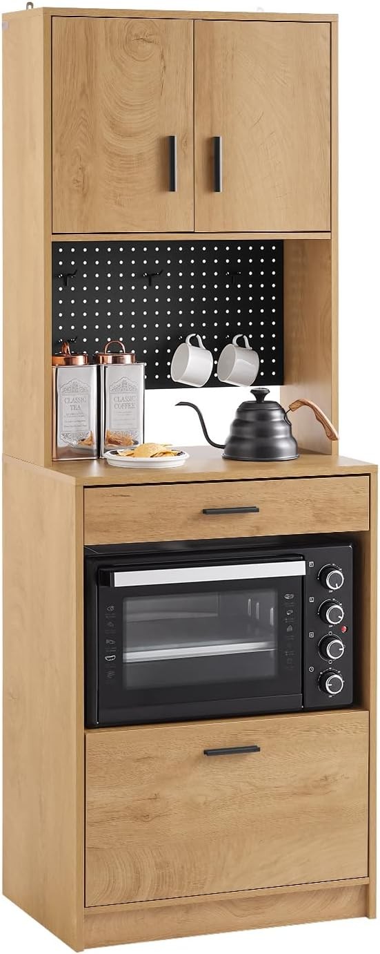 Tall Oak Kitchen Storage Cabinet with Microwave Shelf & Cupboard 170cm