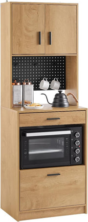 Tall Oak Kitchen Storage Cabinet with Microwave Shelf & Cupboard 170cm
