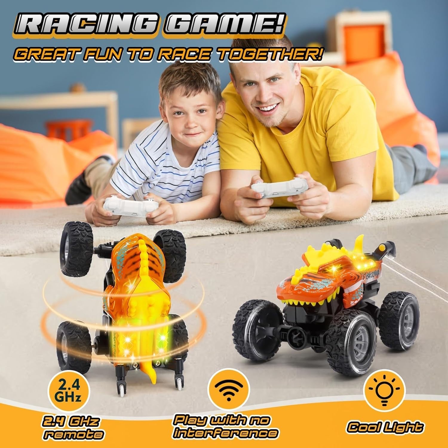 RC Car with LED Eyes – 2.4GHz Rechargeable Stunt Toy for Kids 6–12 (Orange)