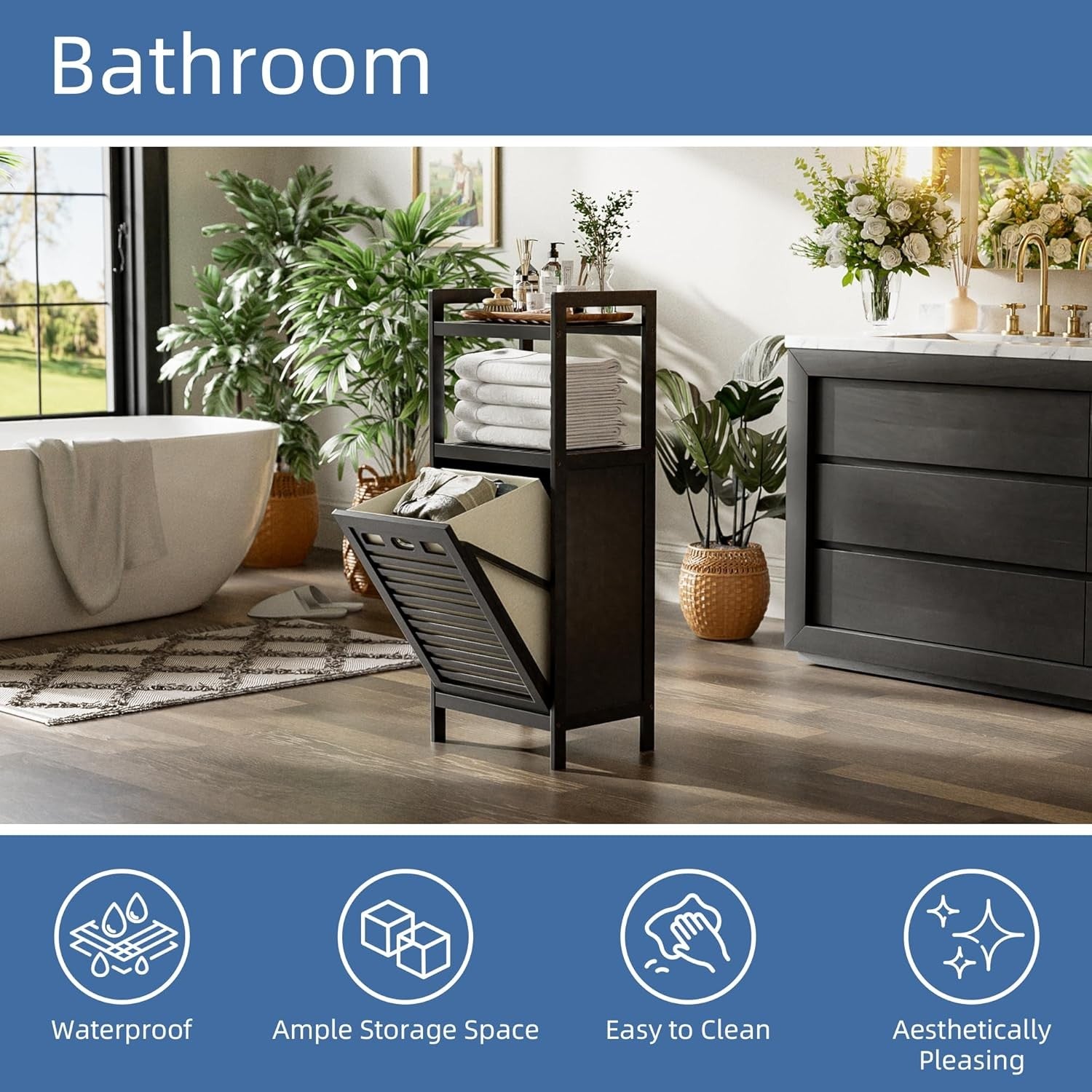 Black Tilt Out Laundry Hamper Cabinet Bamboo 32L Basket with Storage Shelves