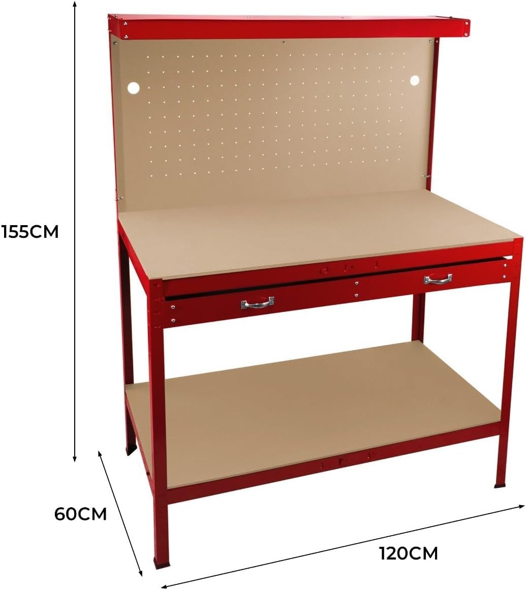Red Garage Workbench Steel Pegboard Drawer LED Light 370kg Tool Station