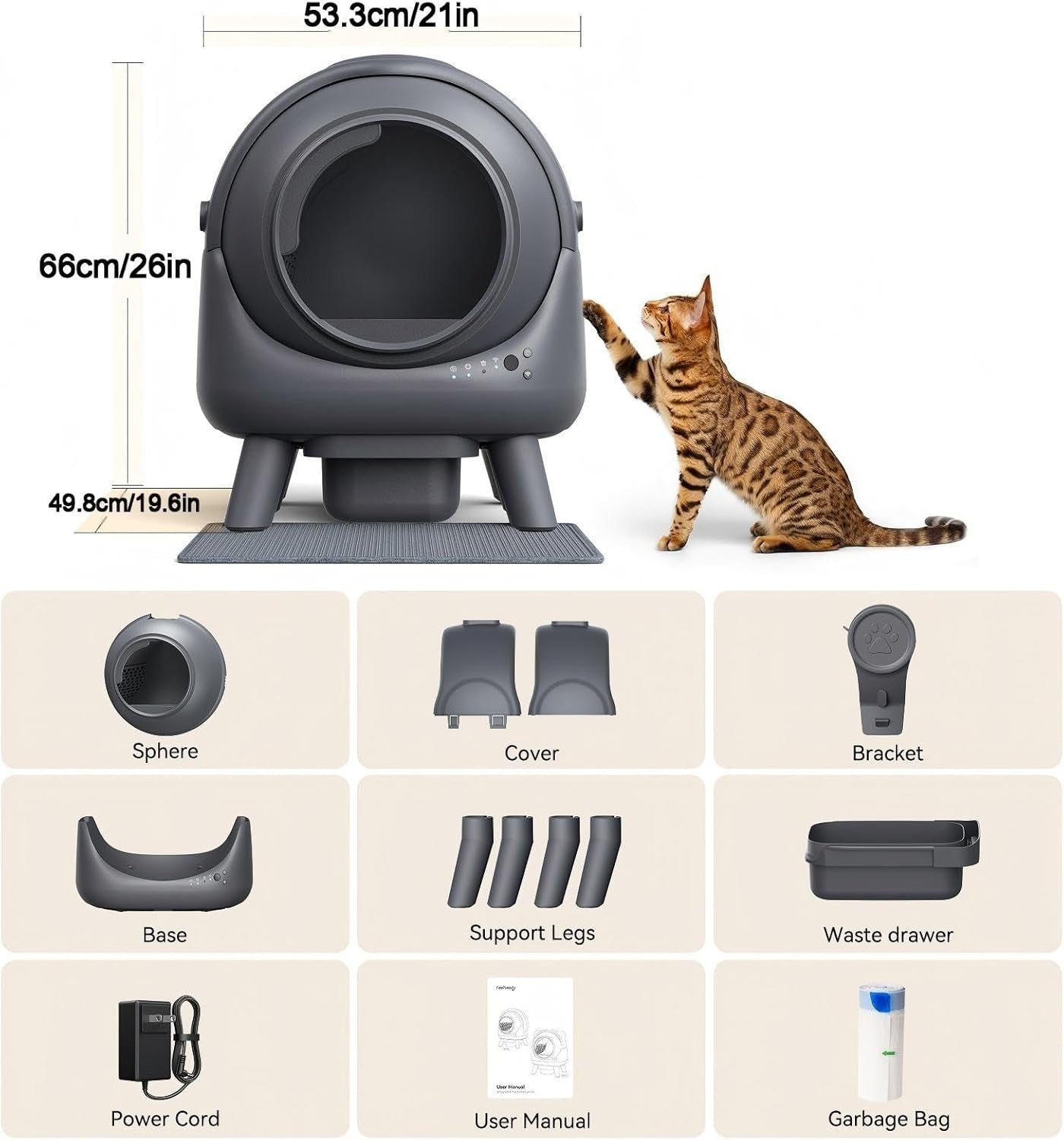 65L Self Cleaning Cat Litter Box App Control Odor Control Multi Cat