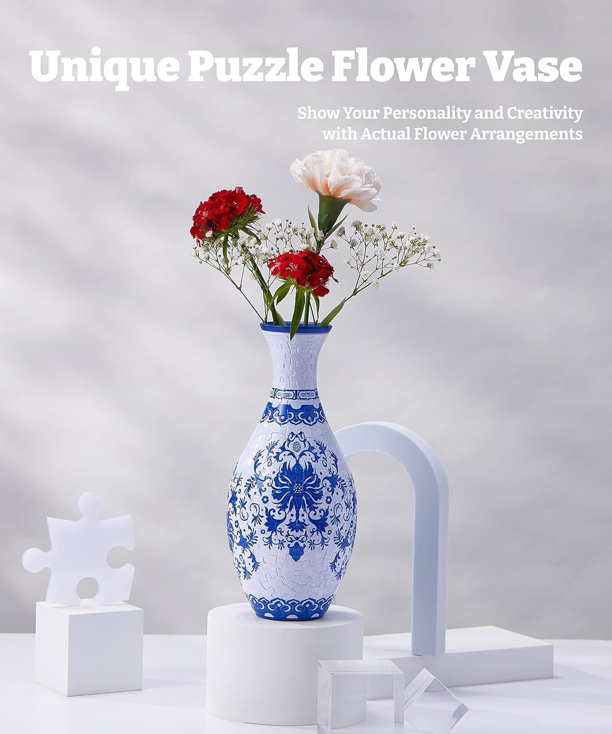 3D Puzzle Vase 160 Piece Indigo Floral Vase DIY Home Decor Gift