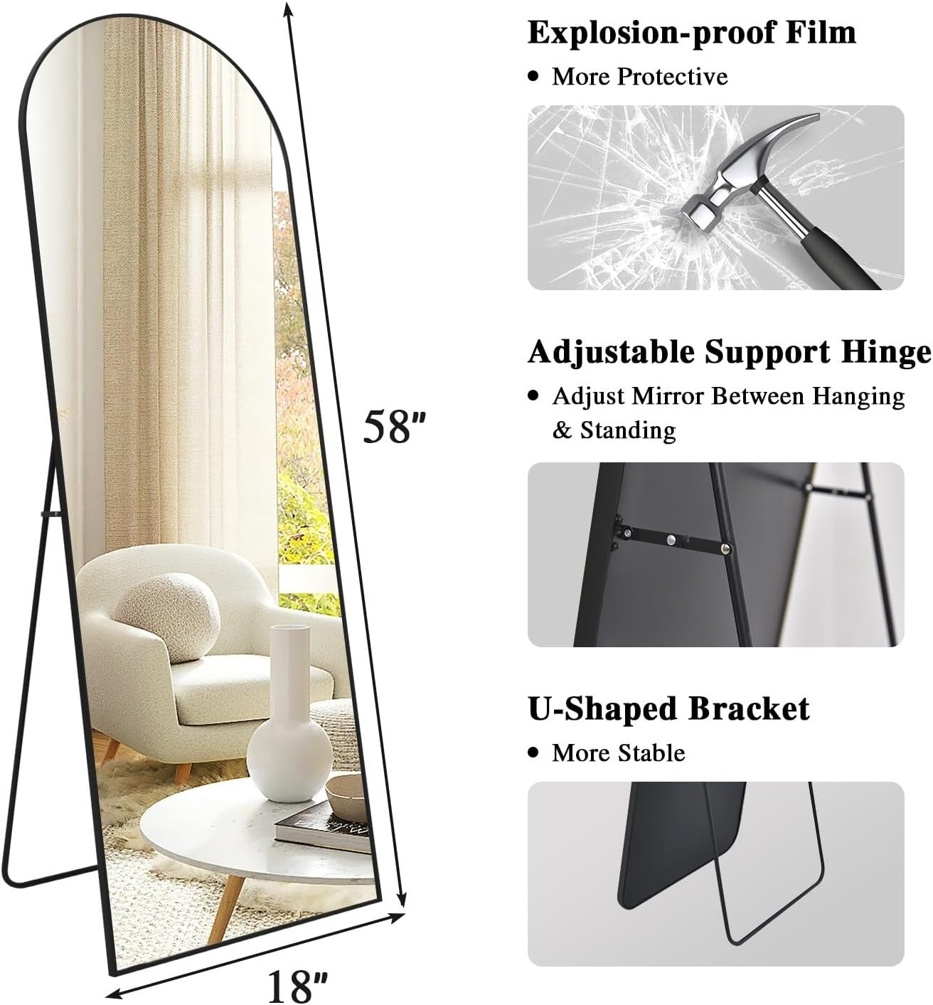 Full-Length Arch Floor Mirror 147x44cm Black Frame, Stand & Wall Mount