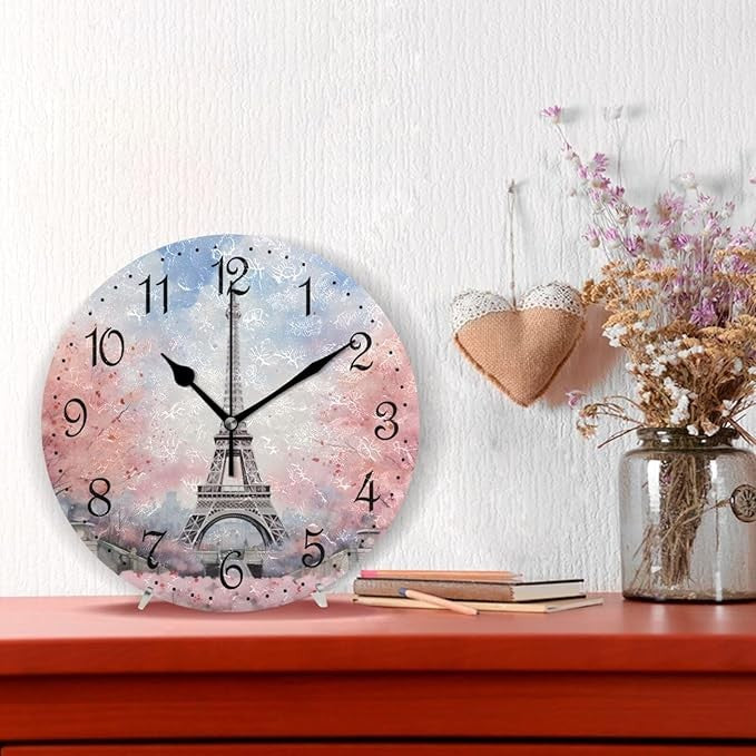 Eiffel Tower Wall Clock 25cm Pink Blue Flower Art Silent Non-Ticking Home Decor