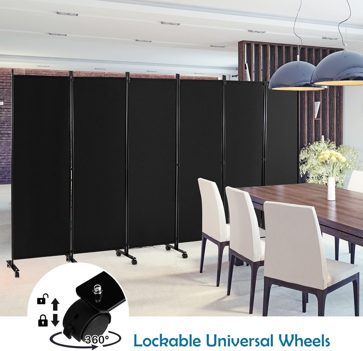 6 Panel Black Folding Room Divider Privacy Screen on Wheels for Home Office