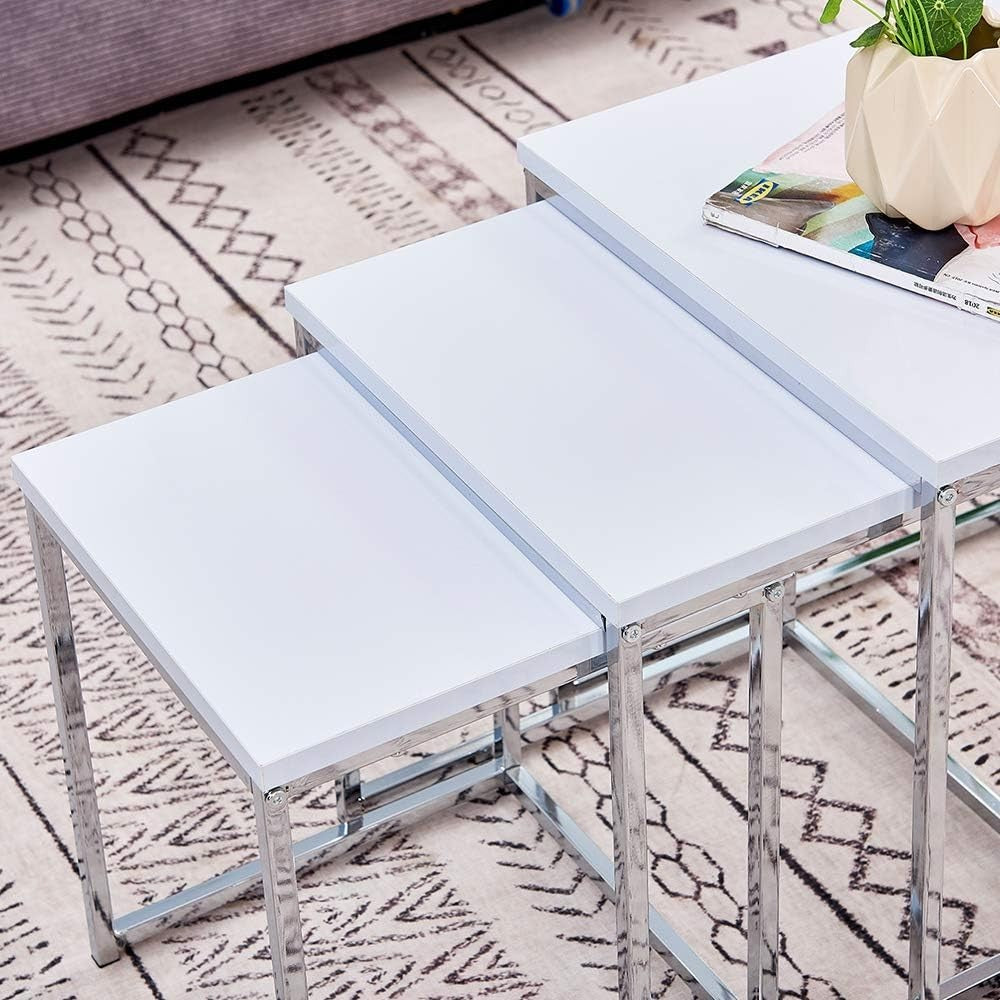 3 Pcs Nesting Coffee Table Set Modern Living Room End Side Tables White Wood