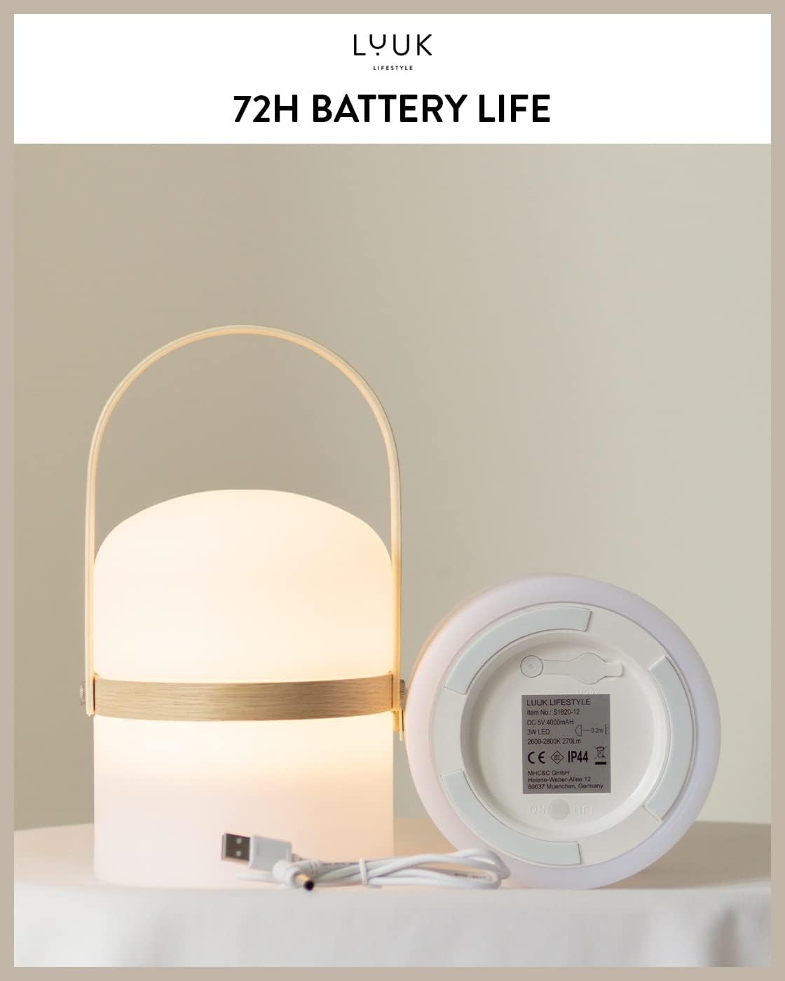 LED Lantern Wood 26.5cm Portable Rechargeable