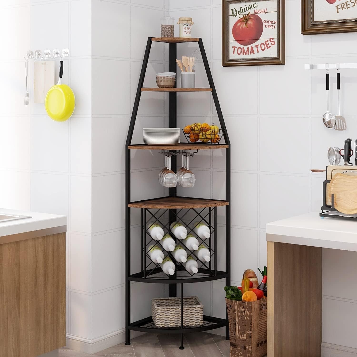 5 Tier Corner Wine Rack with LED Light | Home Bar Shelf Bottle & Glass Storage