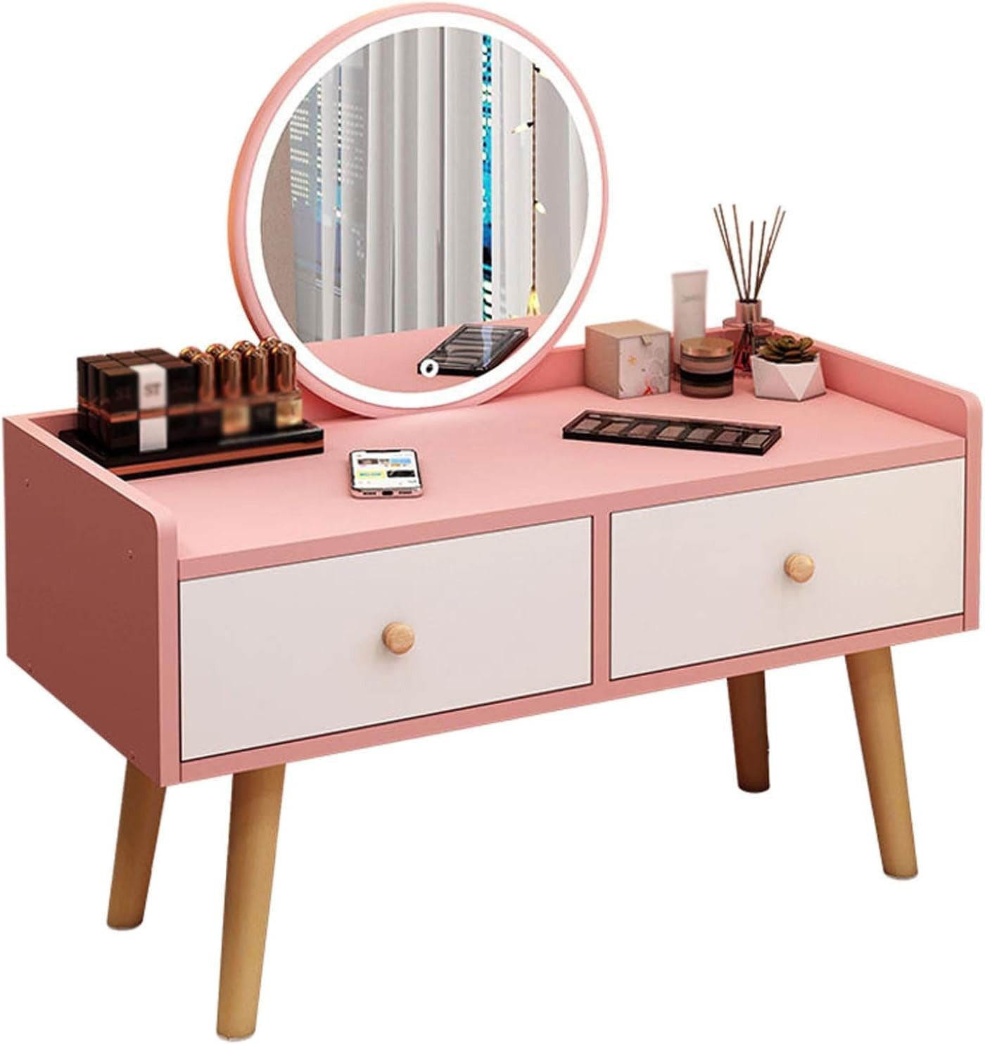 Pink Vanity Makeup Dressing Table Desk 2 Drawers Storage Bedroom Dormitory Decor