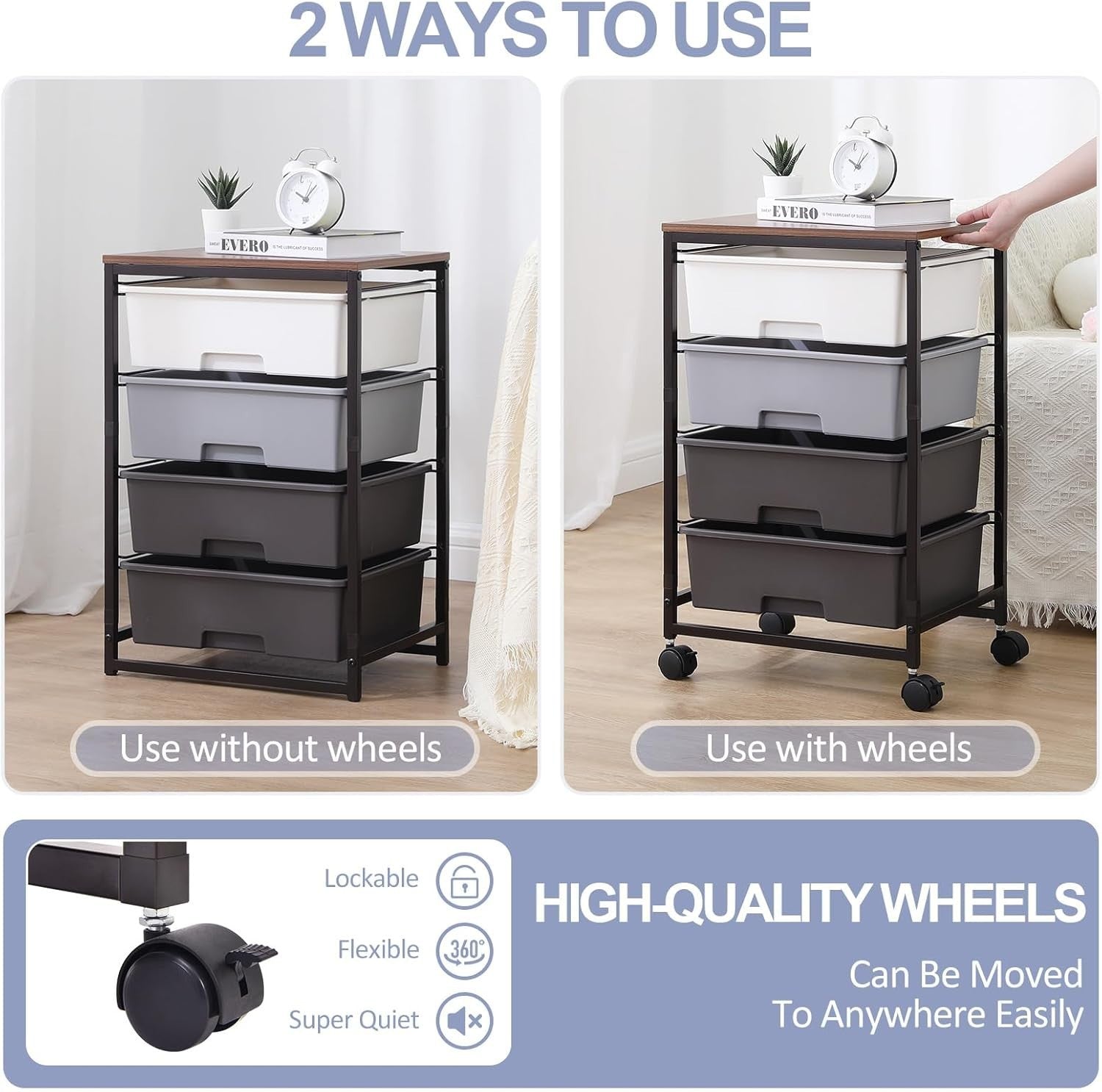 4 Drawer Mobile Storage Cart Utility Organizer Trolley w/ Wooden Top