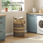 75L Foldable Woven Laundry Basket with Leather Handles, Large Striped Hamper