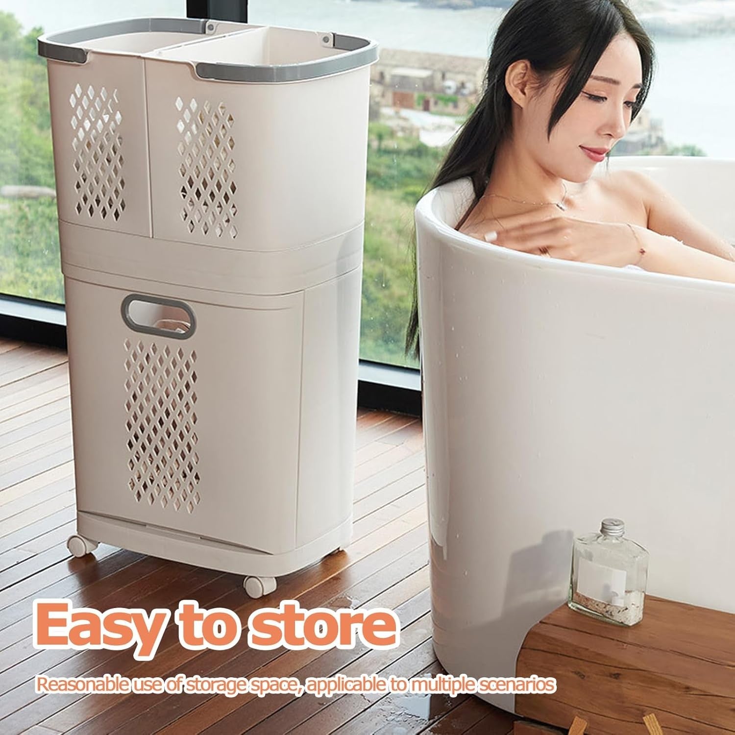 3-Section Laundry Basket on Wheels | Large PP Hamper with Bottom Door | Slim Sto
