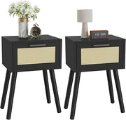 Set of 2 Black Bedside Tables with Rattan Drawer, Modern Wooden Nightstands