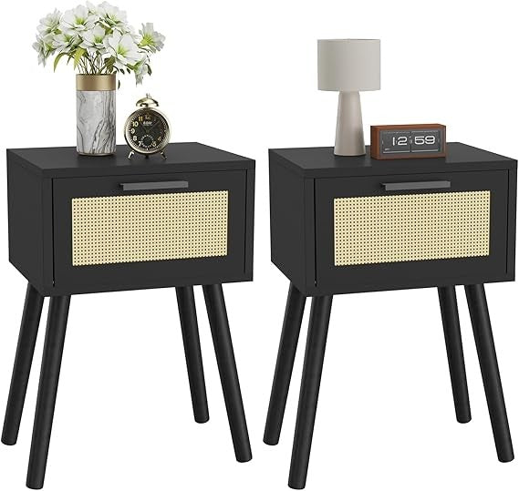Set of 2 Black Bedside Tables with Rattan Drawer, Modern Wooden Nightstands