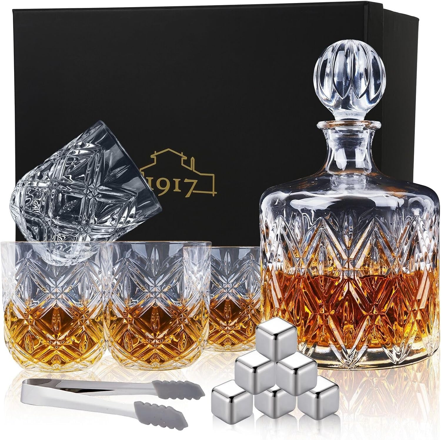 Luxury Crystal Whiskey Decanter Set 1.1L with 4 Glasses & Chilling Stones Gift