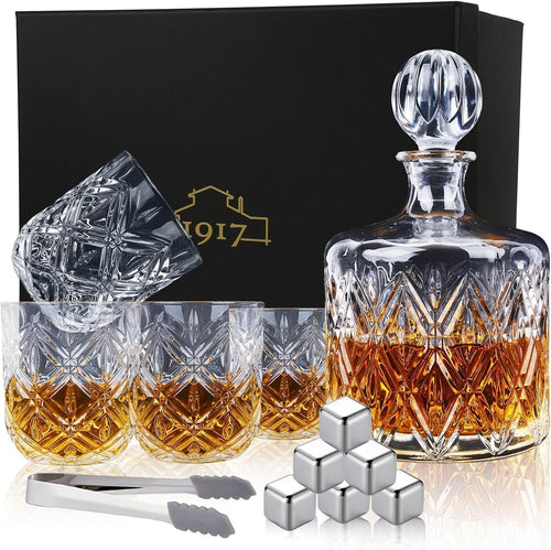 Luxury Crystal Whiskey Decanter Set 1.1L with 4 Glasses & Chilling Stones Gift