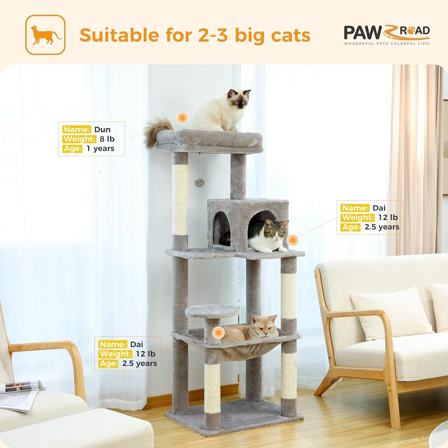 Large Tree Tower 143cm Multi Level Scratching Posts Hammock Condo
