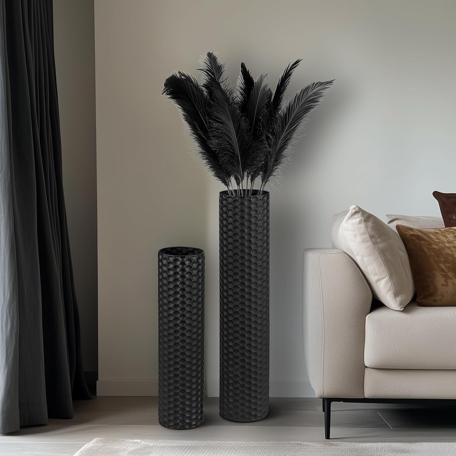 Large Floor Vase Set of 2 Black Metal Standing Vases Modern Home Decor