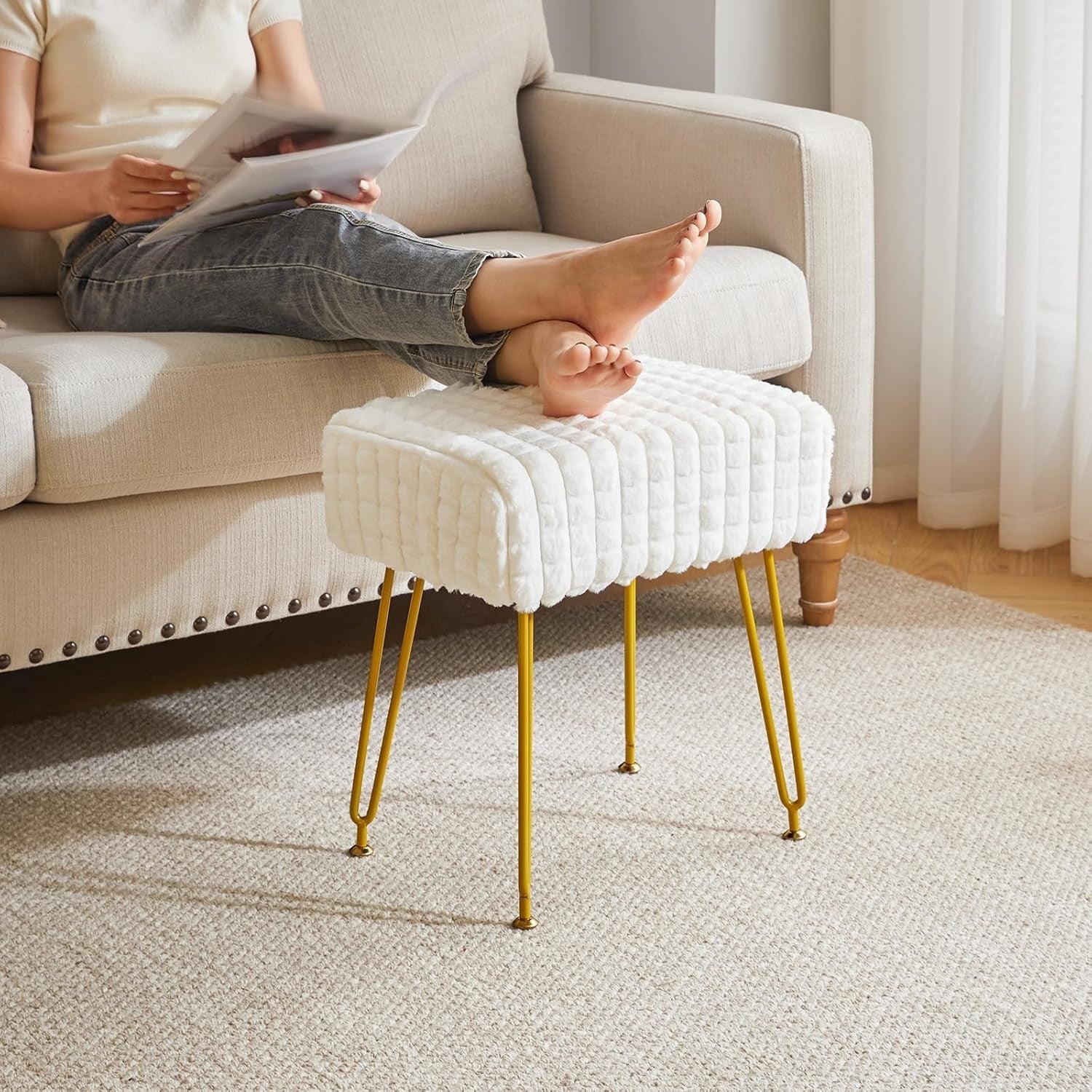 White Velvet Footrest Stool Ottoman – Golder Legs, Compact Vanity Seat