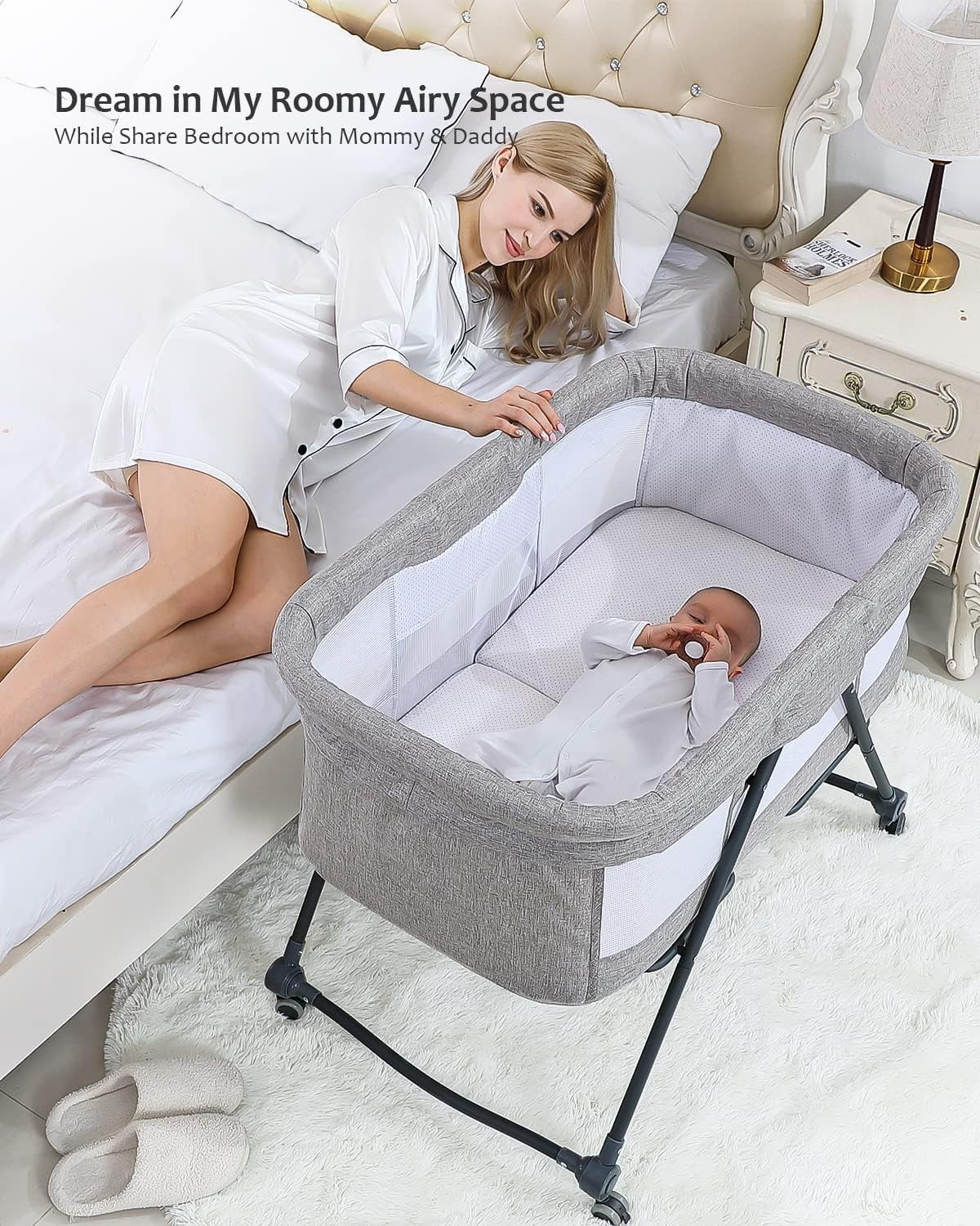 Portable Travel Cot with Mattress Rocking Bassinet Bedside Crib Silent Wheels