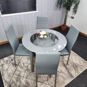 Round Grey Glass Dining Table Set with 4 Faux Leather Chairs Modern