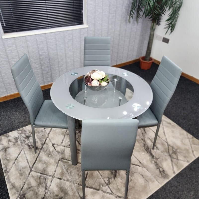 Round Grey Glass Dining Table Set with 4 Faux Leather Chairs Modern