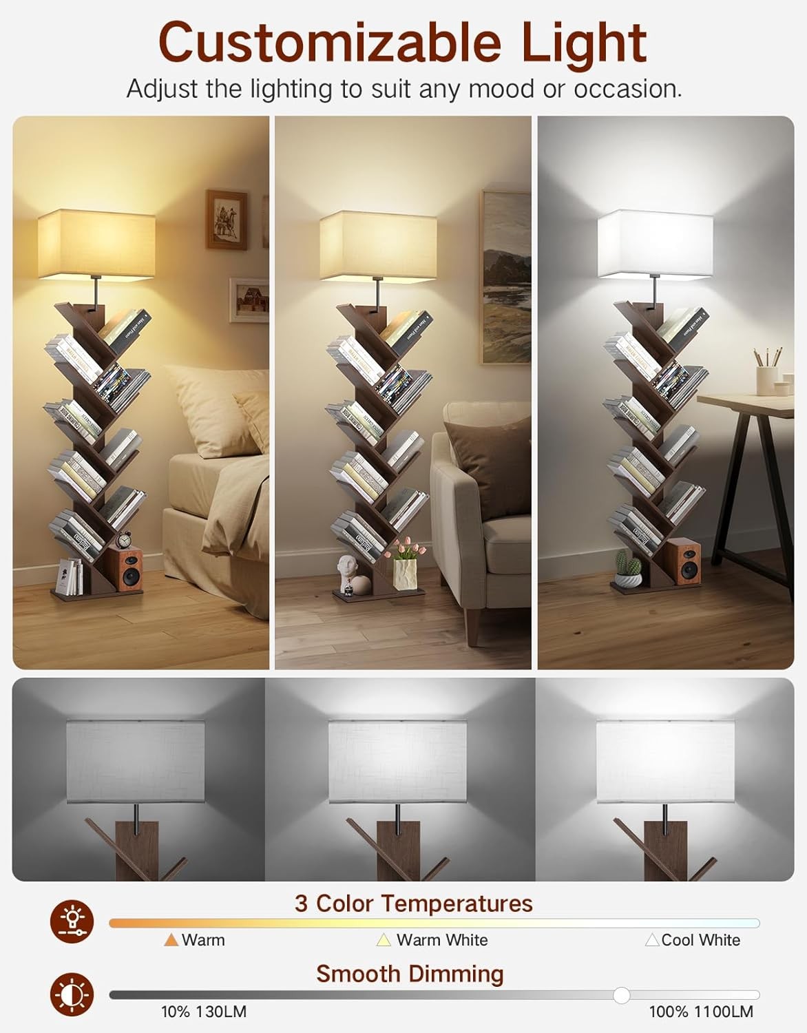 9 Tier Tree Bookshelf Walnut Floor Lamp with Remote Light Narrow Wooden Bookcase