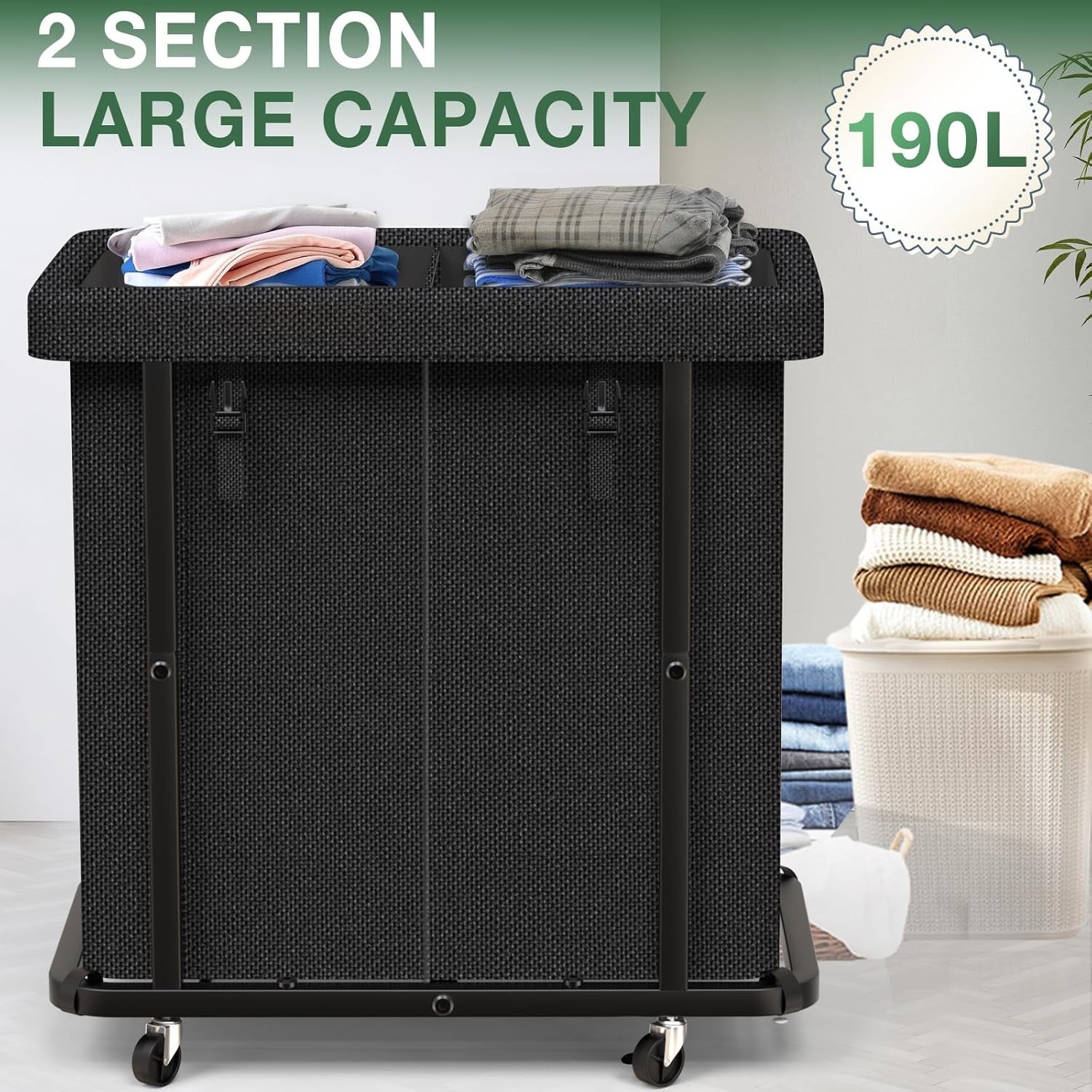 190L Large Rolling Laundry Hamper Black 2 Section Heavy Duty Basket on Wheels