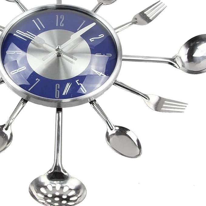 18" Cutlery Wall Clock Blue Modern Kitchen Spoon Fork Silent 45cm Decor