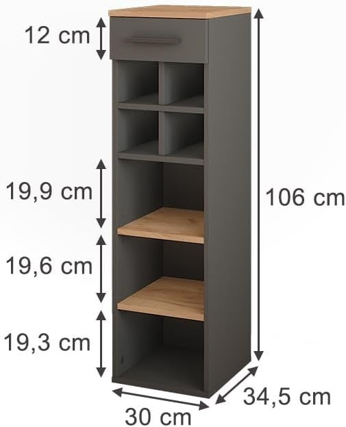 Modern Tall Wine Rack Cabinet with Shelves & Drawer | Oak & Anthracite 30x106cm