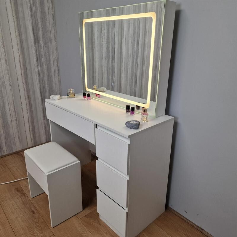 LED Vanity Dressing Table with Mirror & Stool, Makeup Desk w/ Drawers
