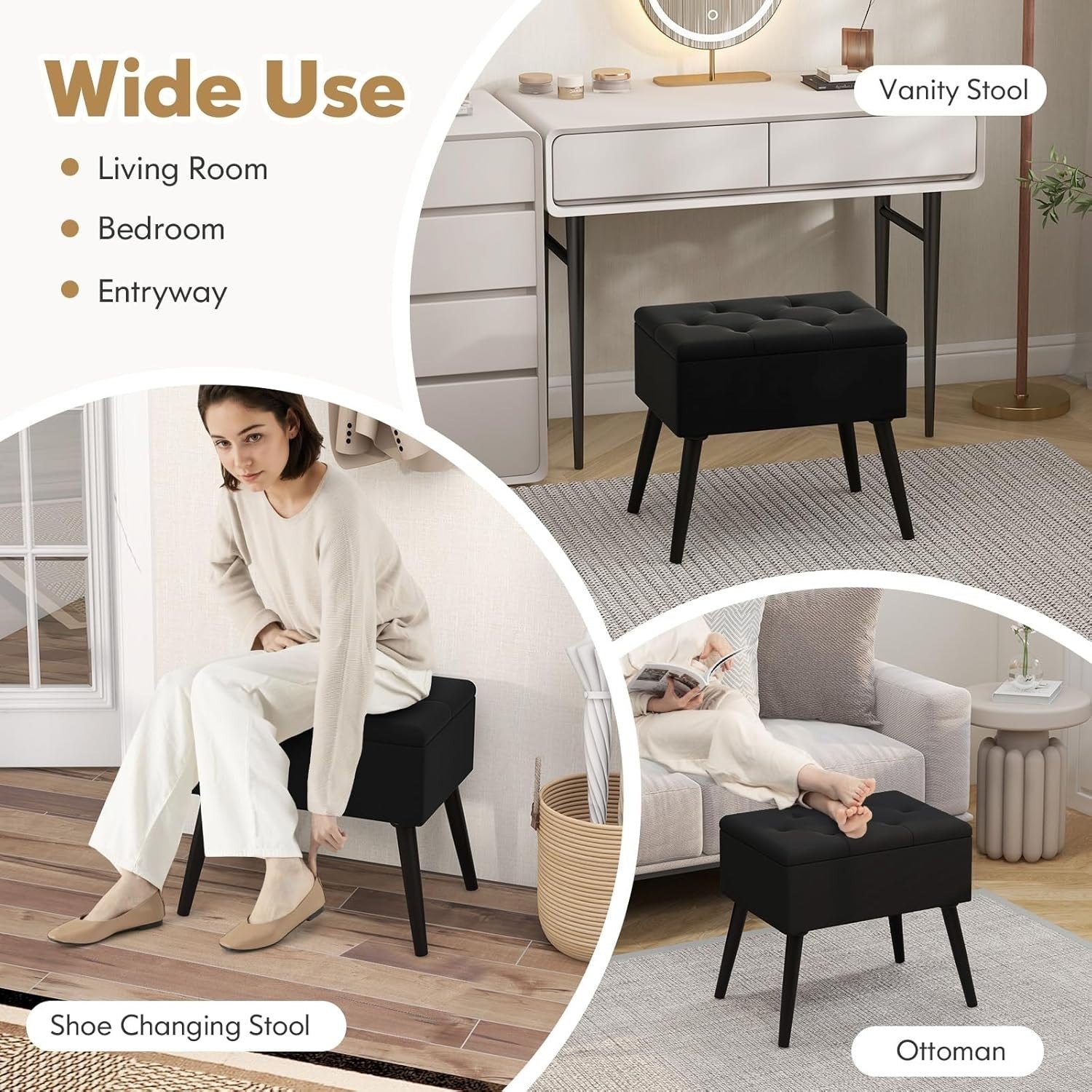 Black Velvet Flip-Top Footstool Storage Ottoman Vanity Stool with Wood Legs