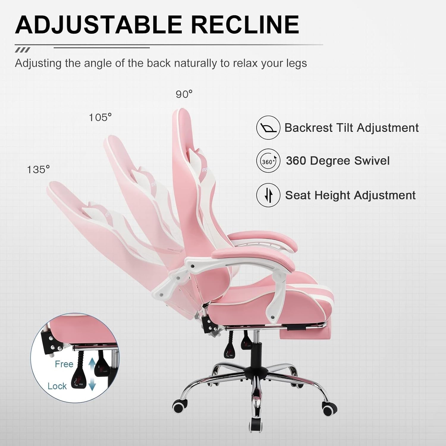 Ergonomic Gaming Chair Massage Lumbar Footrest Pink Recliner