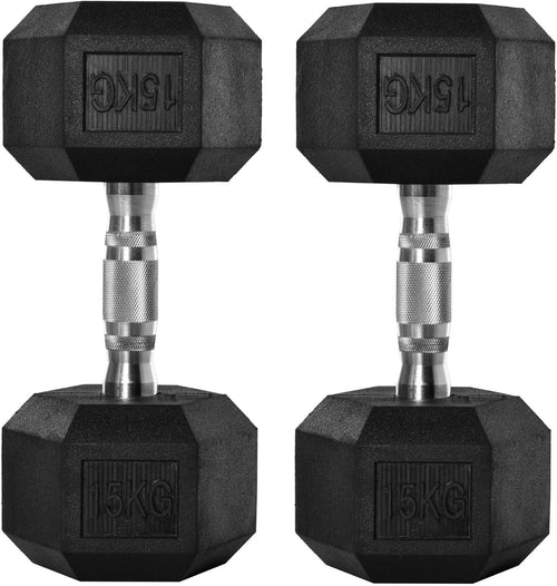 30KG Rubber Hex Dumbbells Pair 2x15kg Anti Roll Home Gym Weights