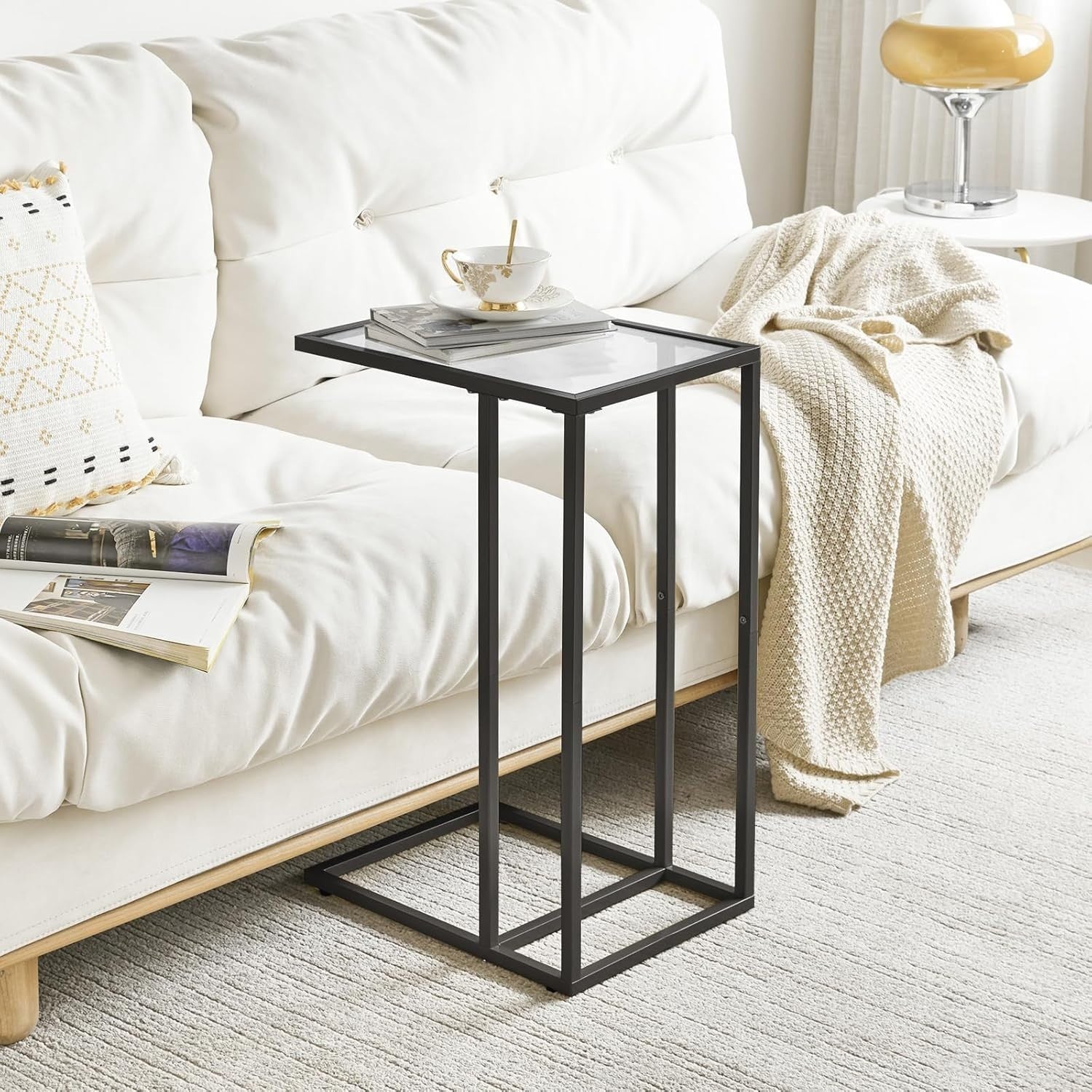 Black C-Shaped Side Table 30x40x63 cm | Tempered Glass Sofa & Bed Table