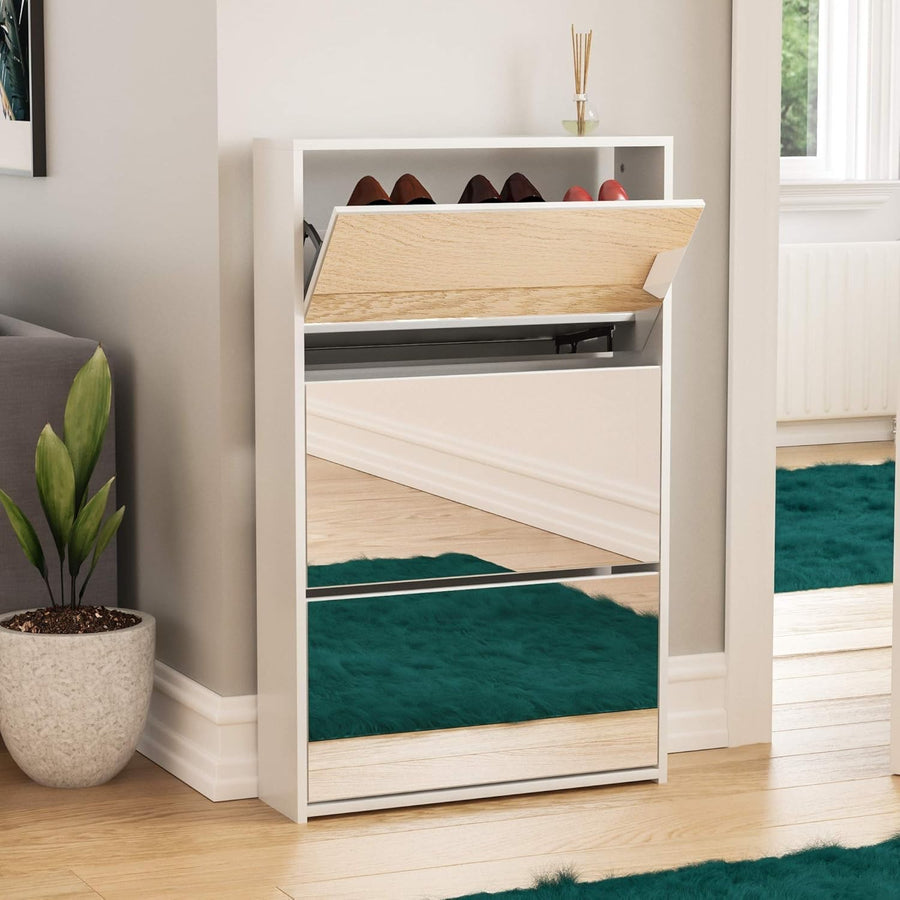 Mirrored 3-Drawer Shoe Cabinet Hallway Storage Unit 62x16.5x100cm White