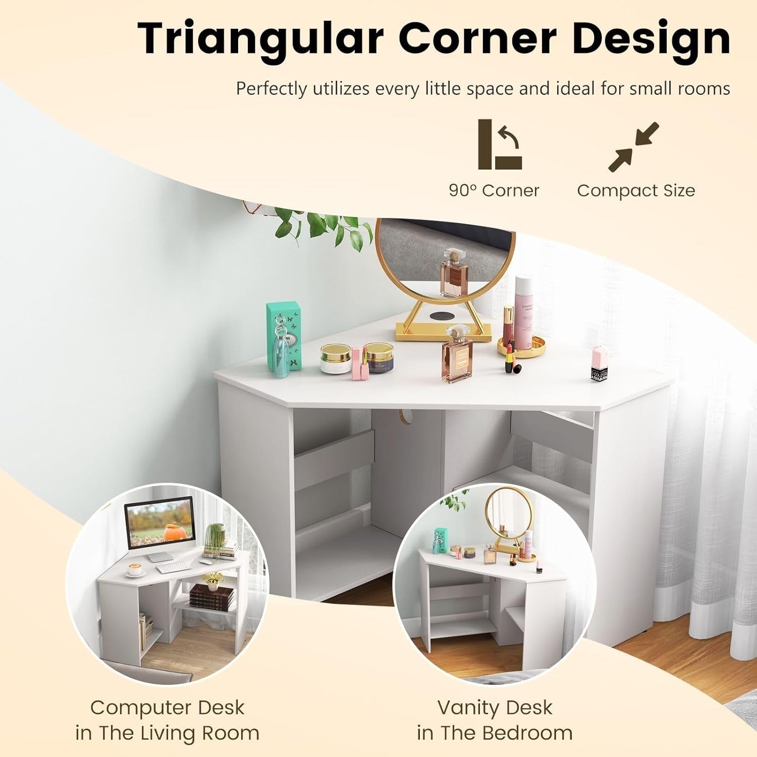 White Corner Computer Desk 120cm with Shelves, Compact 90° Study Table