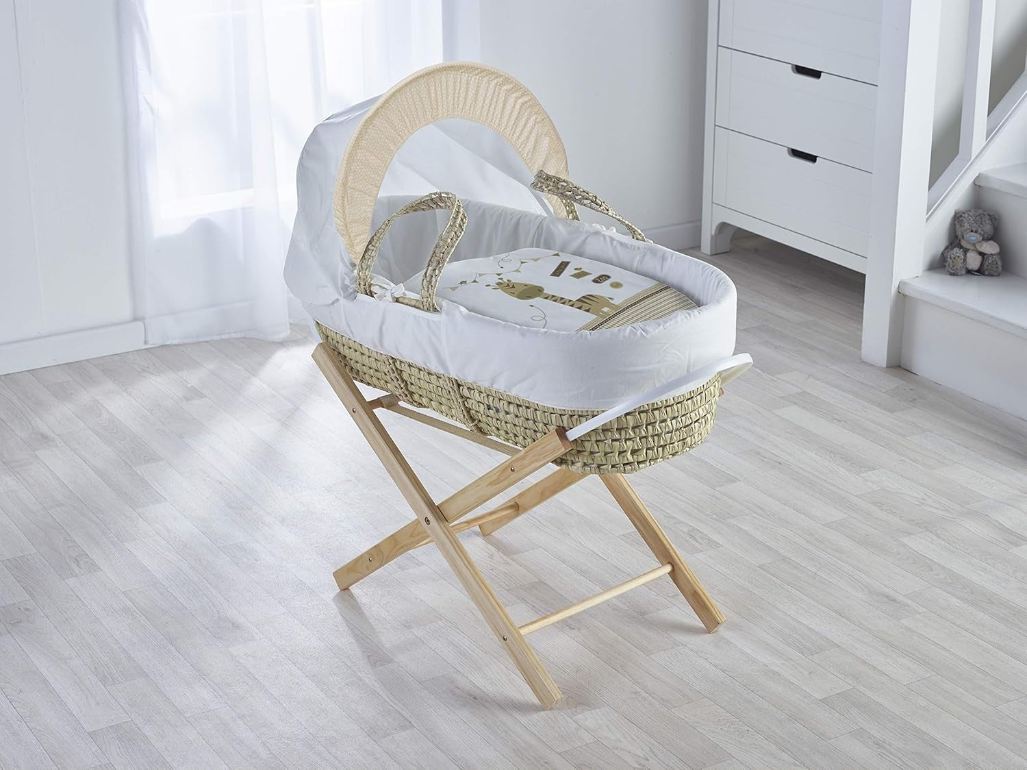 Grey Wicker Moses Basket with Rocking Stand & Mattress Baby Bed Crib Zoo Time