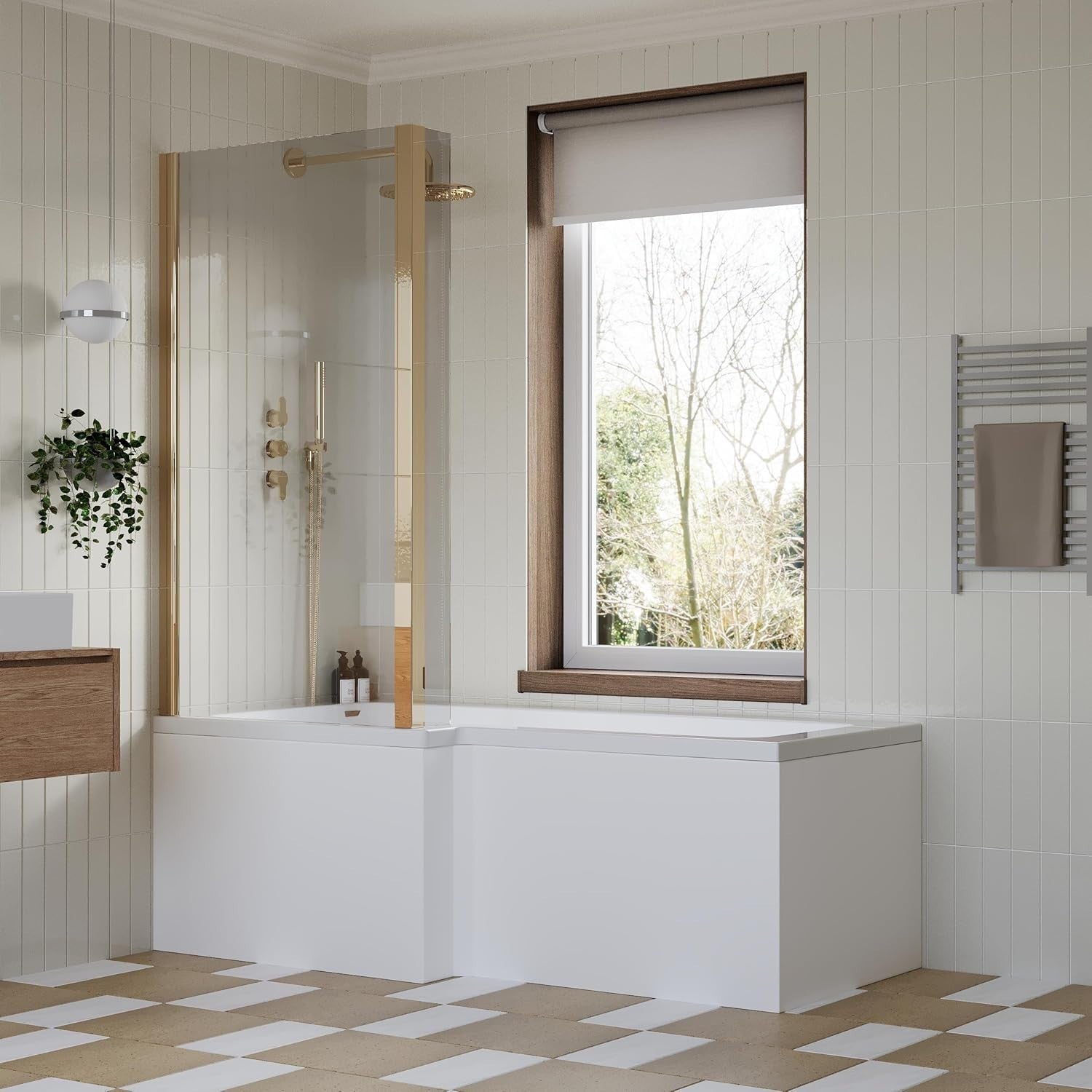 1700x850mm Right-Hand L-Shaped Shower Bath Set | Acrylic Soaking Bath