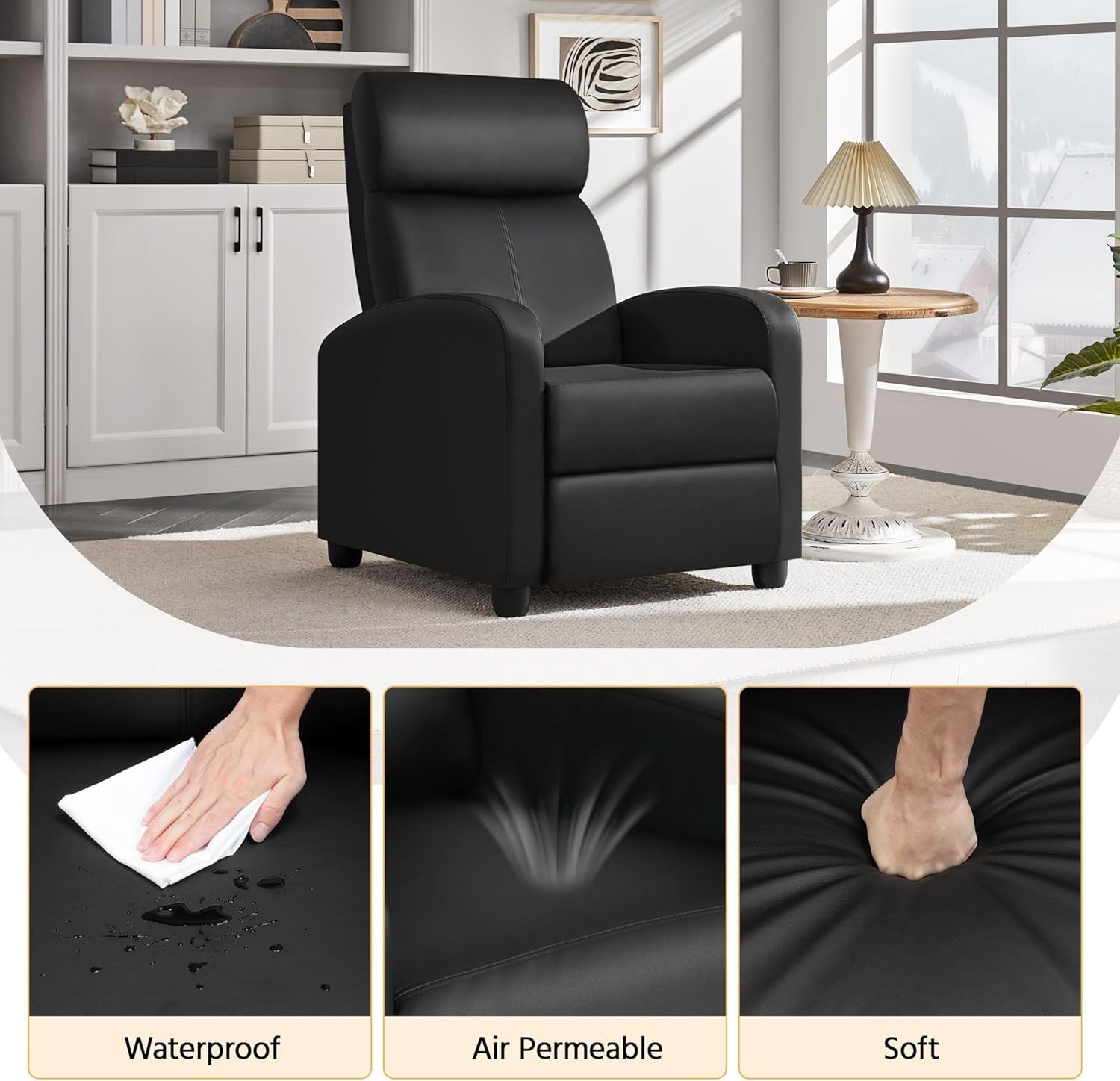 Black Faux Leather Recliner Chair Adjustable Armchair Lounge Home Cinema