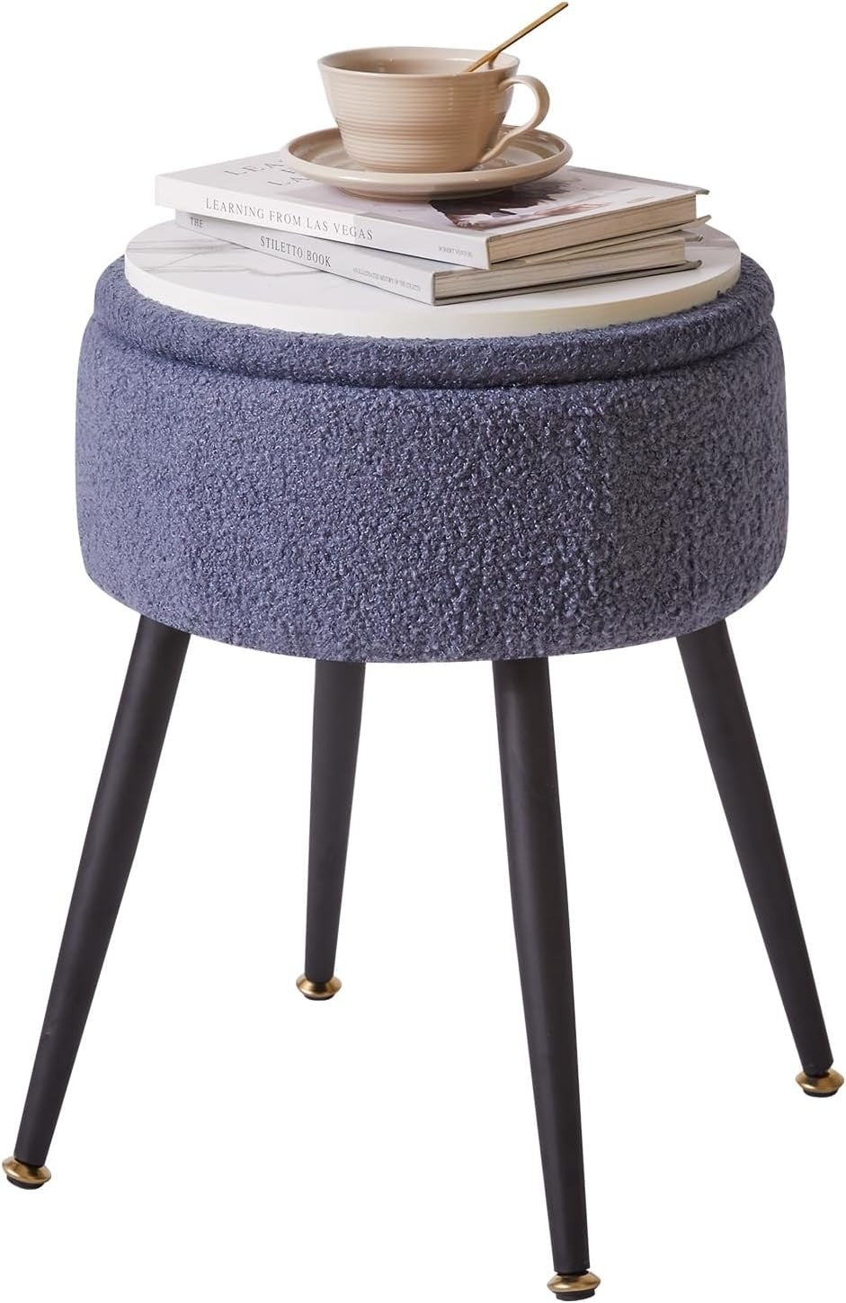 Blue Grey Round Vanity Stool with Storage – Teddy Fur Ottoman Chair