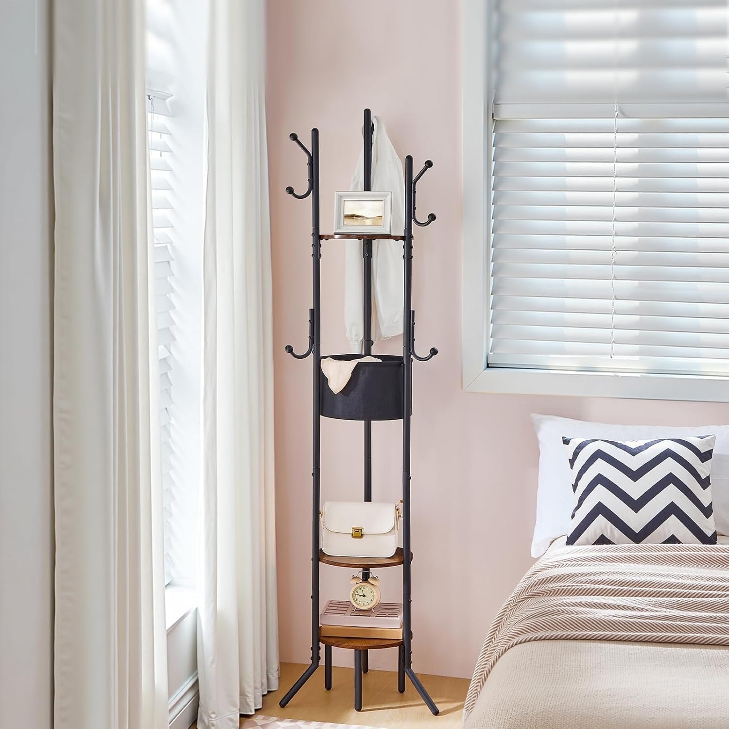 Rustic Brown Black Coat Rack with Shelves | Freestanding Hall Tree Organizer Sta