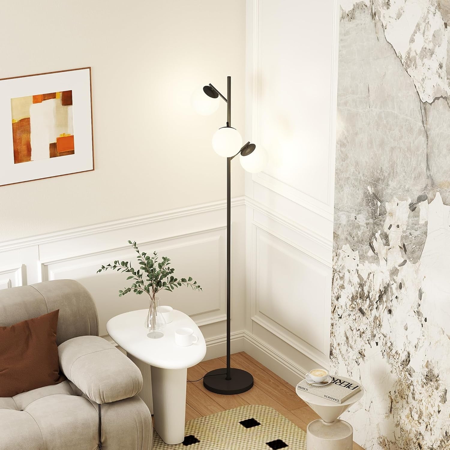 3 Light Tree Floor Lamp Black Modern Standing Lamp Globe Shades Living Room