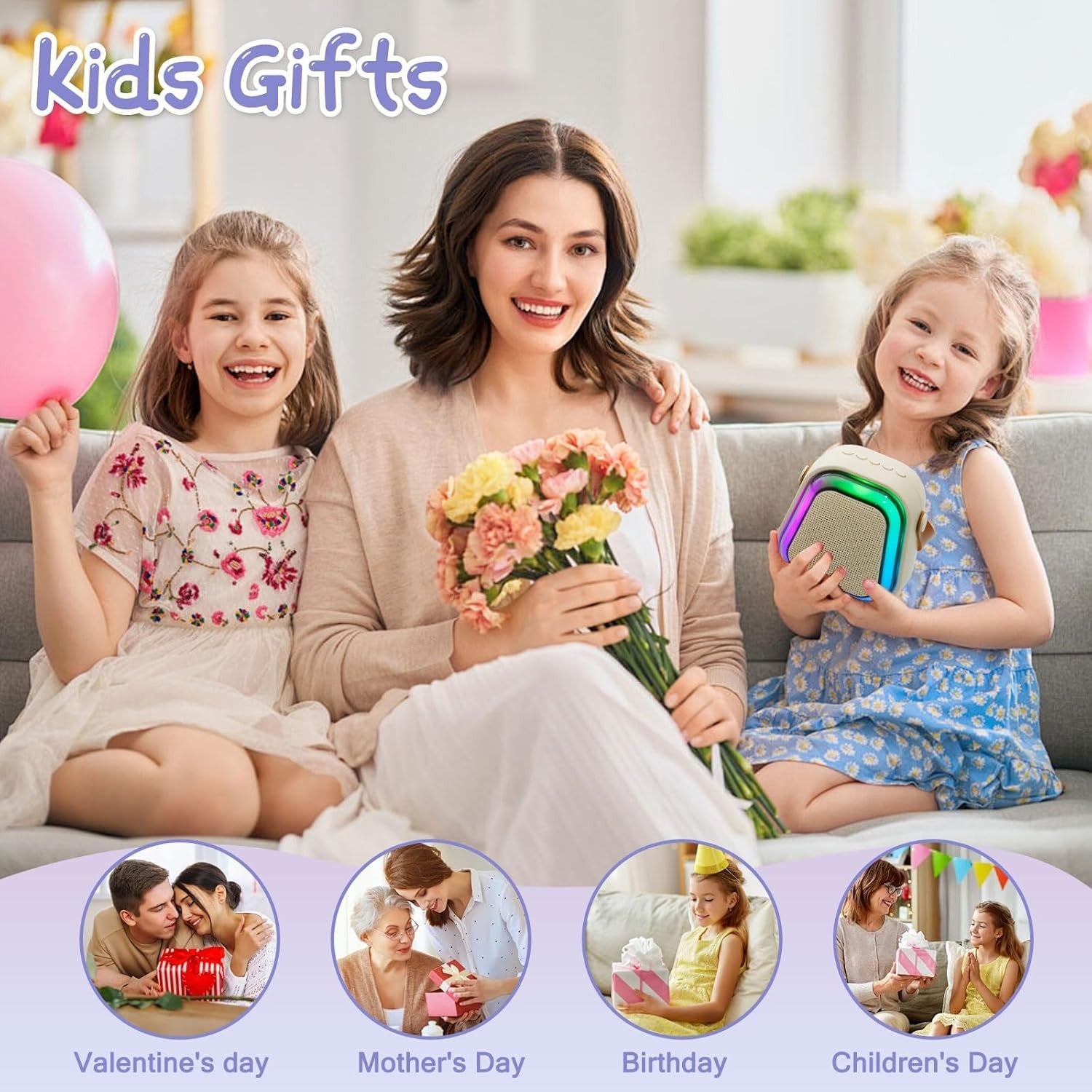 Mini Karaoke Machine Bluetooth Speaker 2 Wireless Mics LED Lights