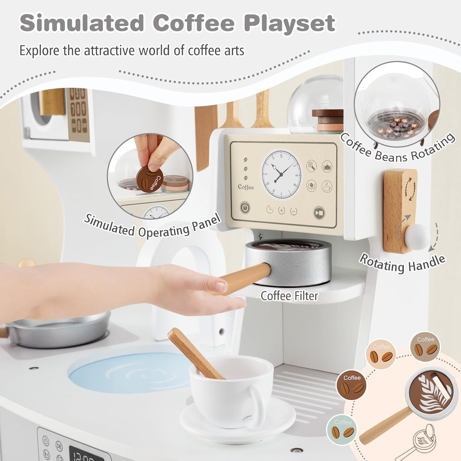 Kids Wooden Play Kitchen w/ Coffee Maker Microwave White Toy