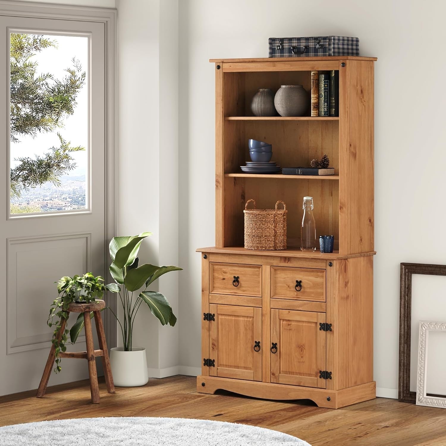 Wood Small Buffet Hutch 2 Doors 2 Drawers 176H Sideboard